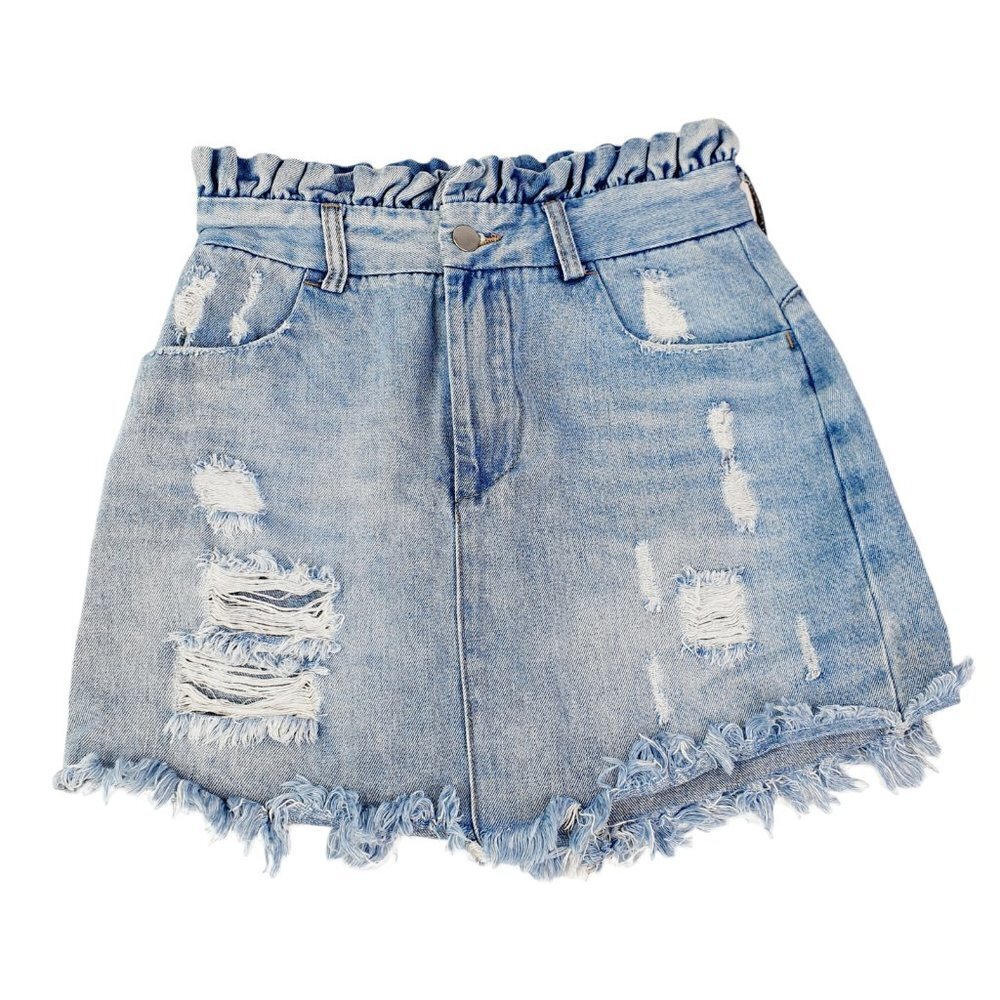 Hayden Los Angeles Distressed Denim Skirt Paperbag Waist‎ Ruffles Size Small